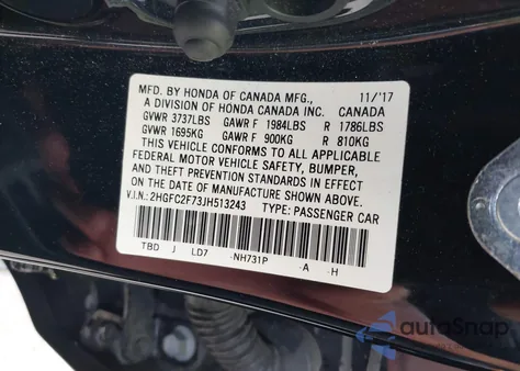 2018 Honda Civic Ex from USA, damaged, VIN 2HGFC2F73JH513243